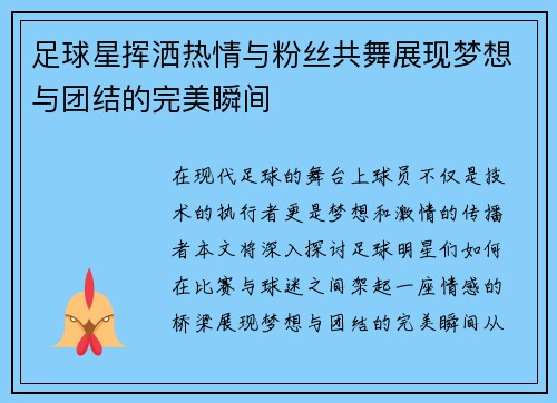 足球星挥洒热情与粉丝共舞展现梦想与团结的完美瞬间